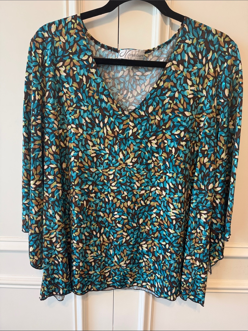 dressbarn Teal and Brown Leaf-Print V-Neck Blouse